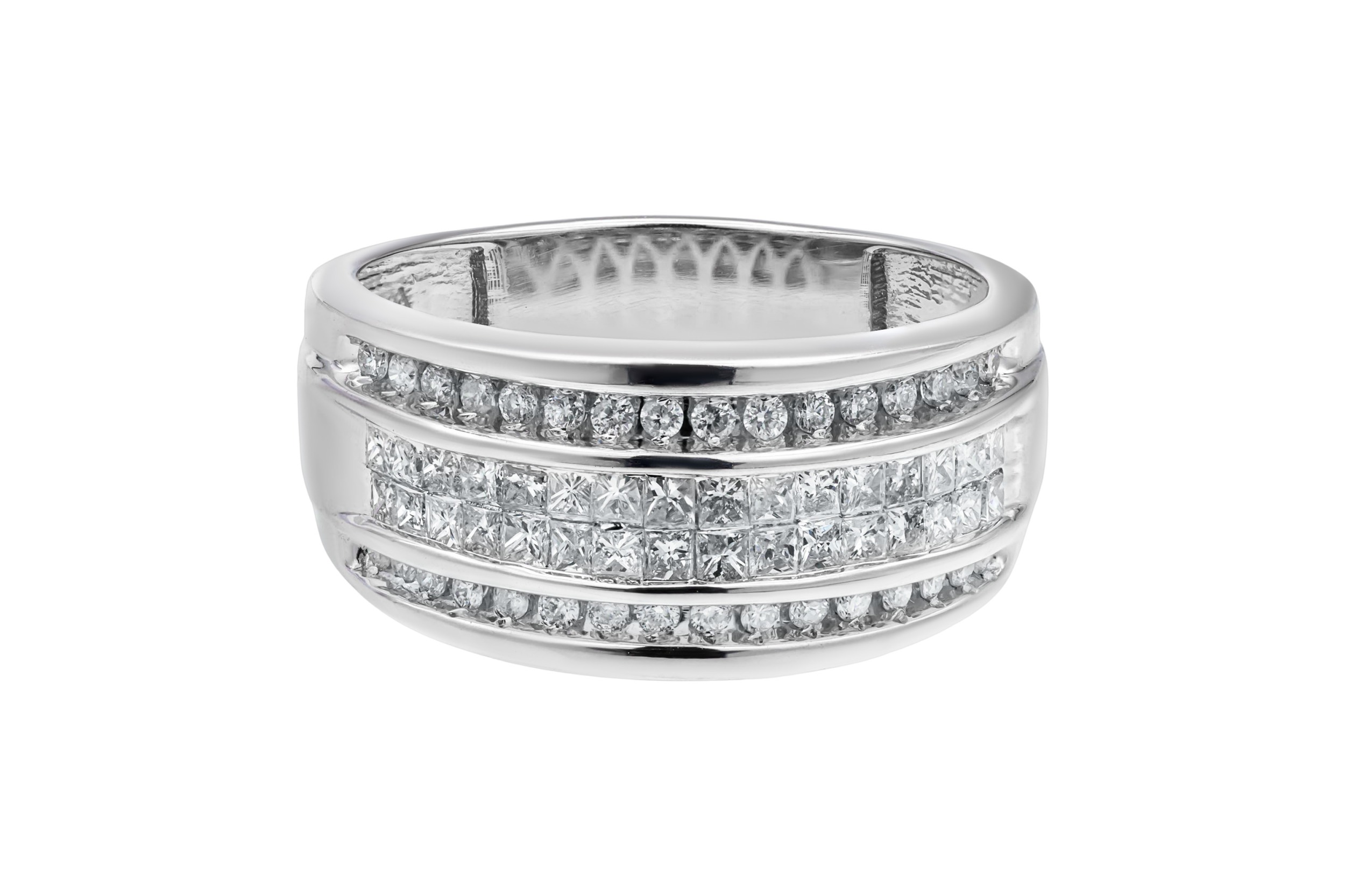 14ct White Gold Multi Row Diamond Mens Band Ring 1.46ct