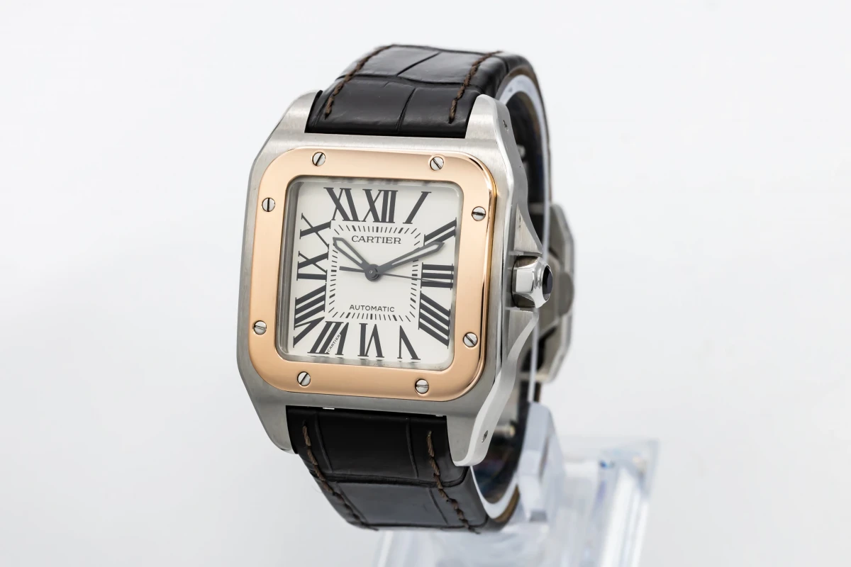 Cartier Santos 100 33mm Midi Stainless 18ct Rose Gold Black