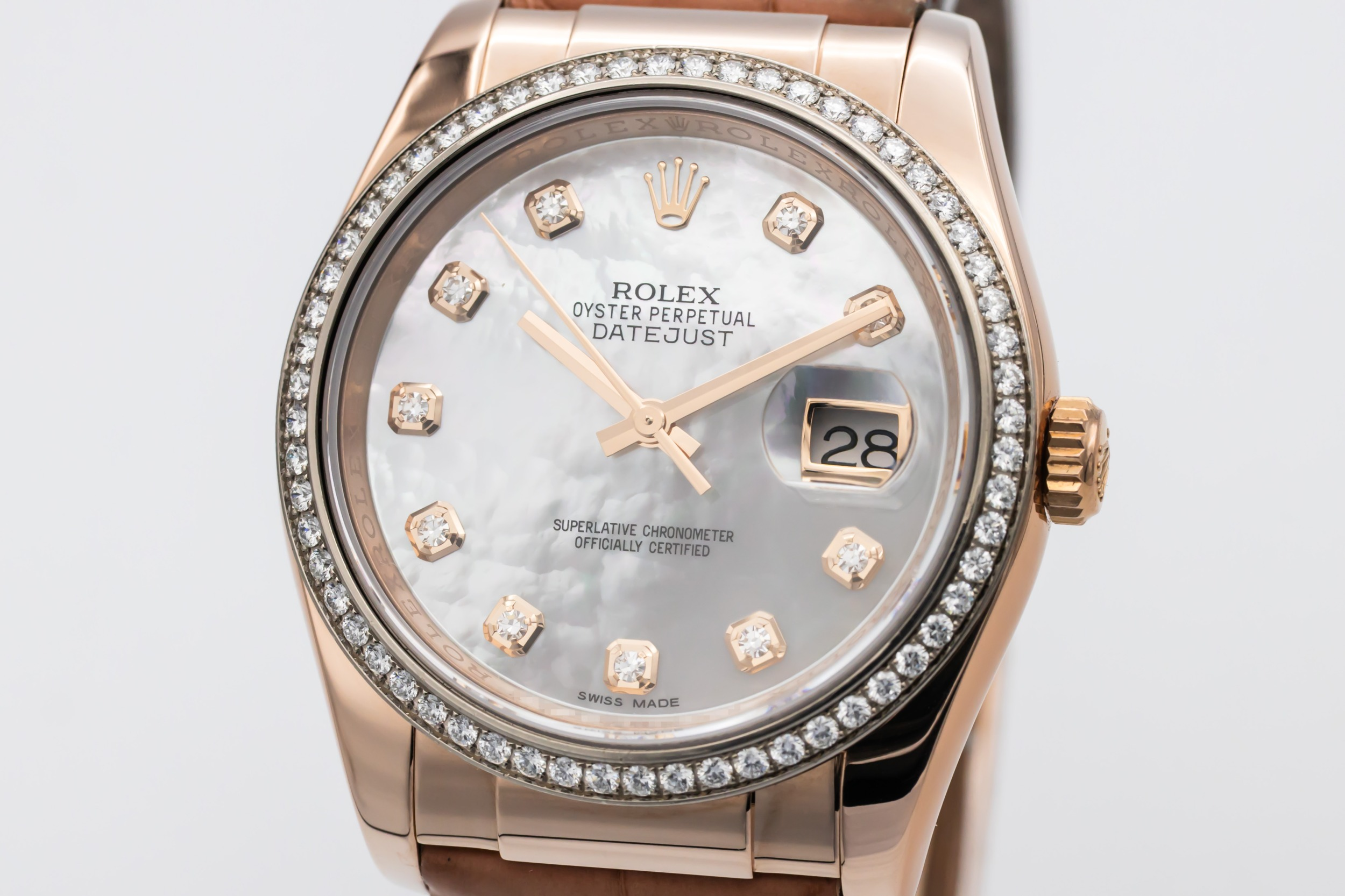 Rolex DateJust 36mm 18ct Rose Gold Brown Leather 116185 2016