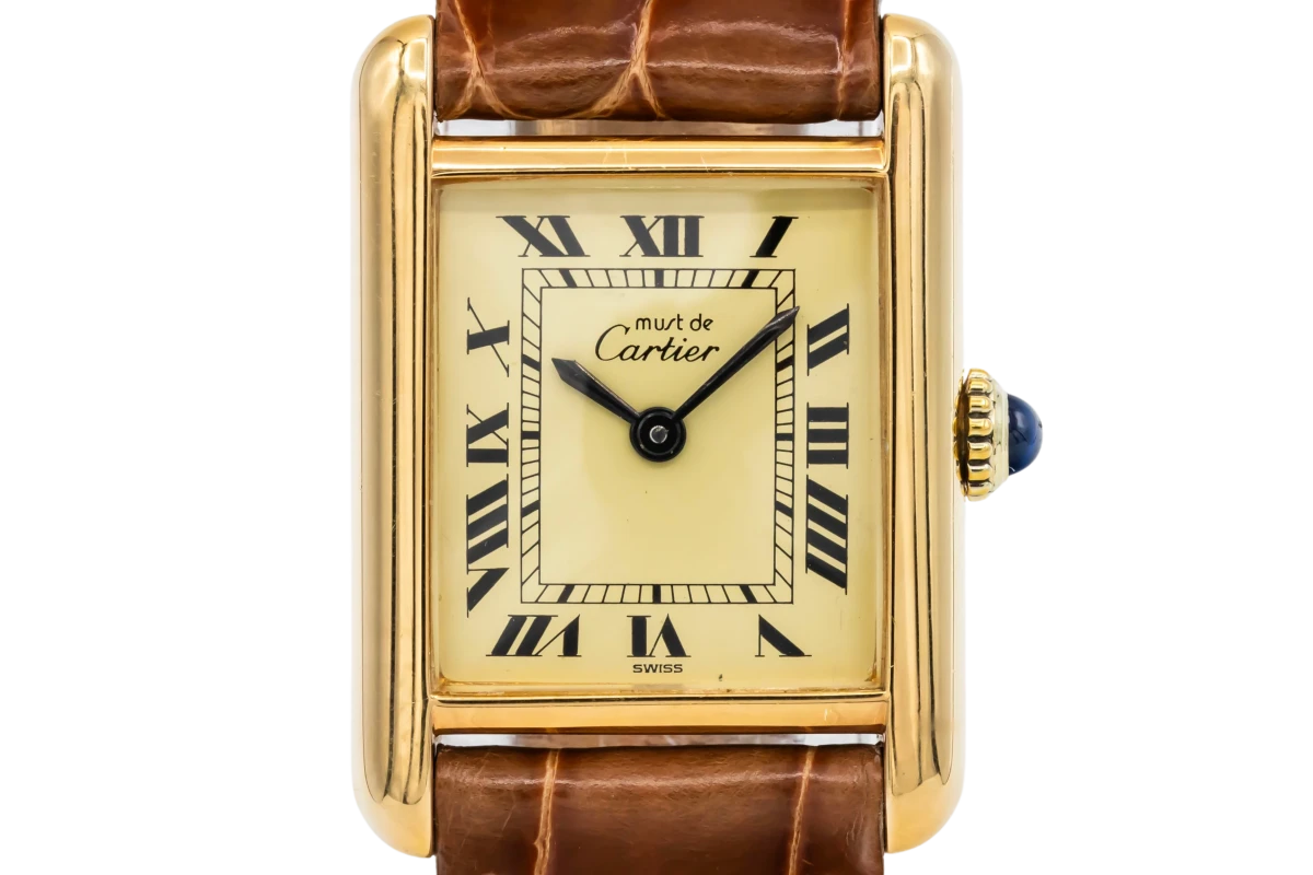 Cartier Vermeil 22.5mm 925 Gold Plated Brown Leather Circa 590005