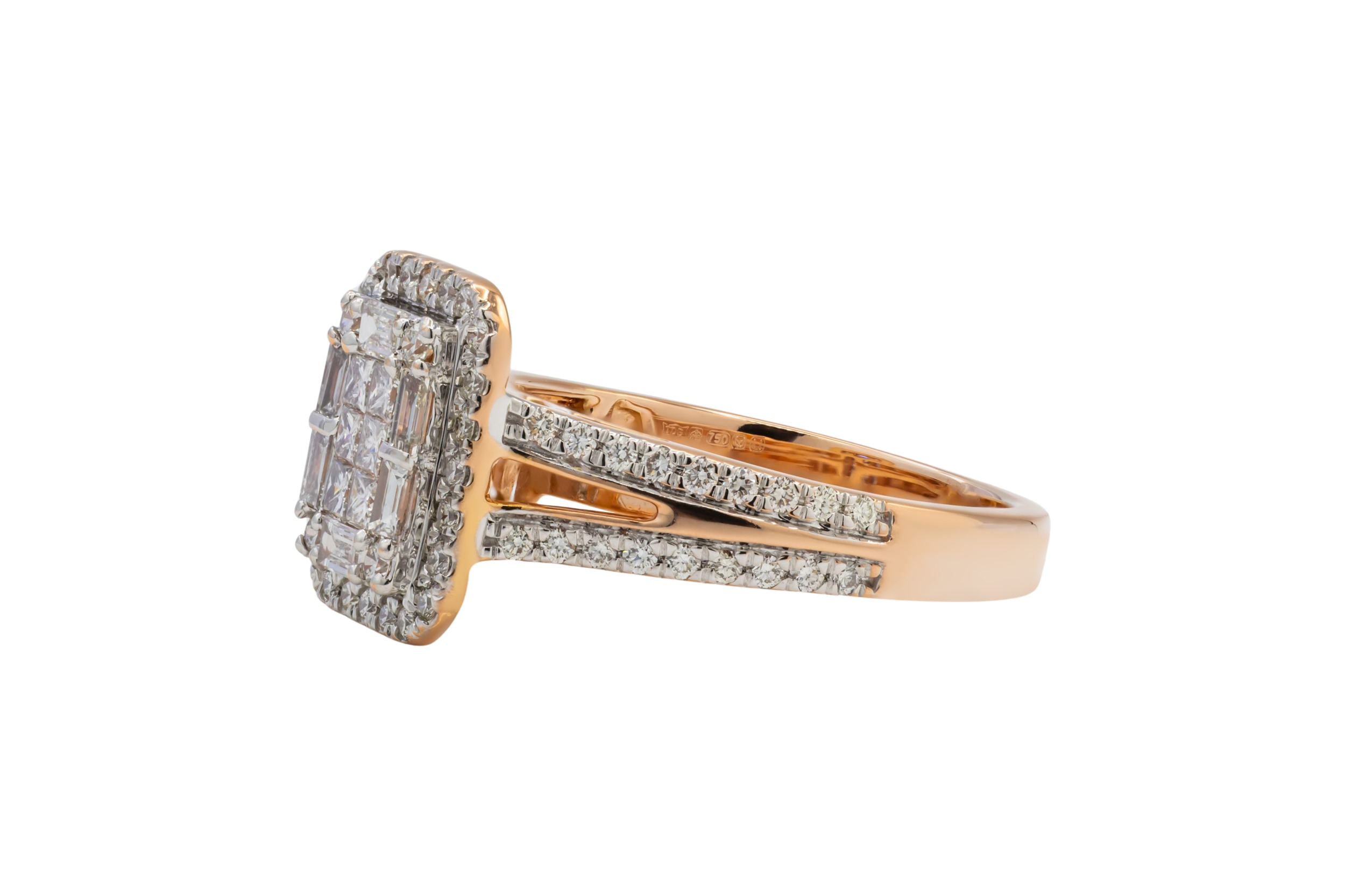 18ct Rose Gold Princess, Baguette & Round Brilliant Diamond Engagement Ring 1.74ct