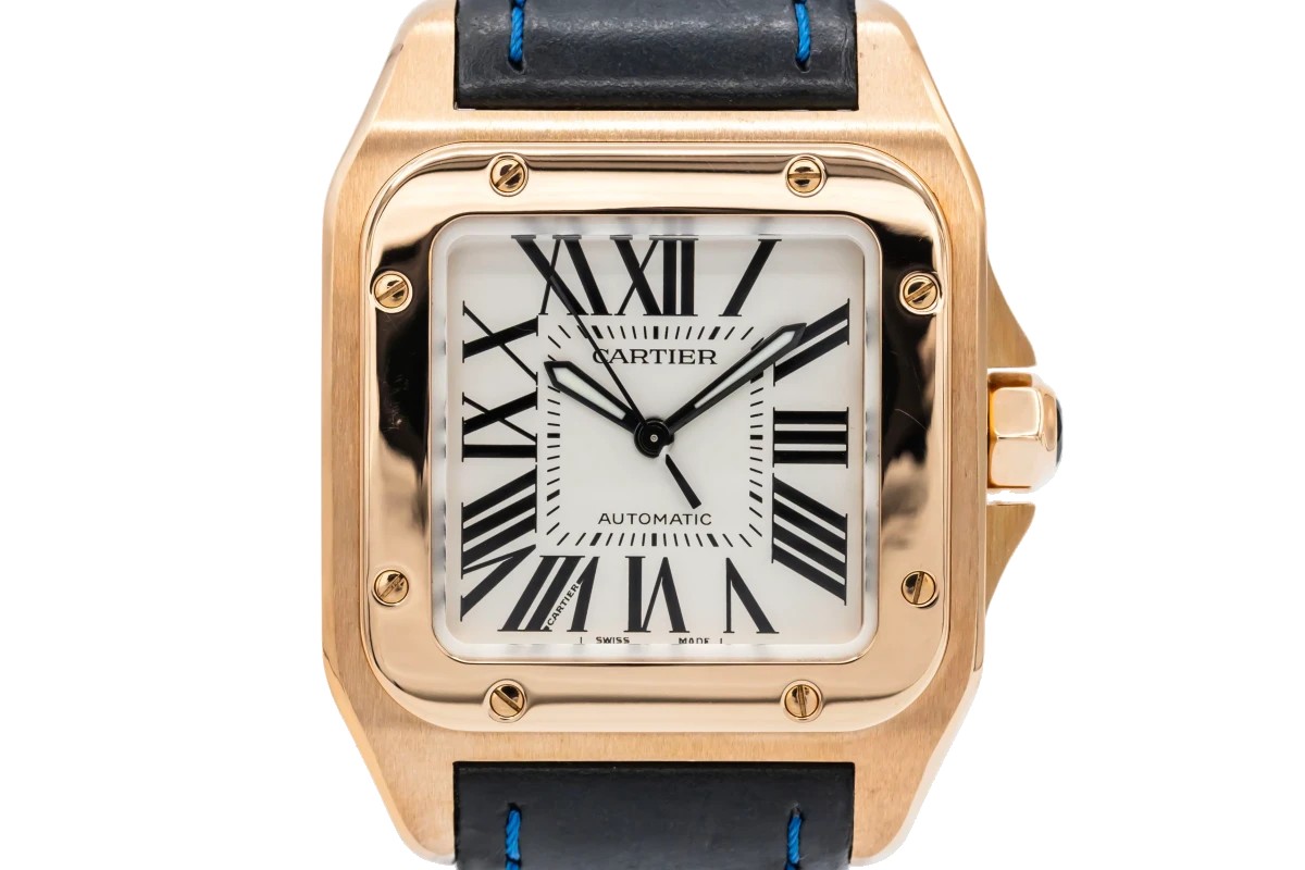 Cartier Santos 100 33mm Midi 18ct Rose Gold Navy Leather W20108Y1 Out of stock