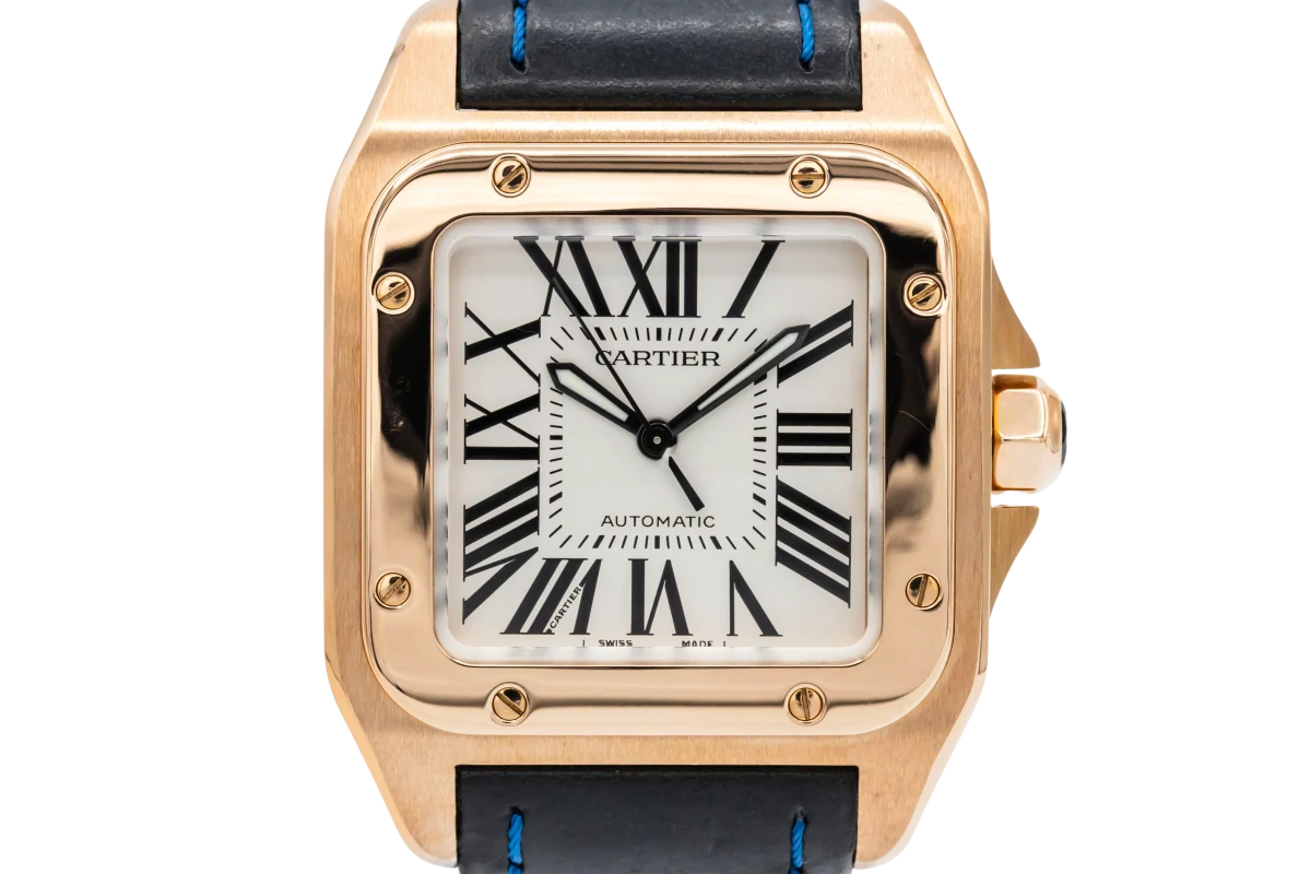 Cartier Santos 100 33mm Midi 18ct Rose Gold Navy Leather 2879