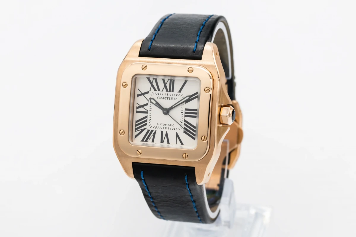 Cartier Santos 100 33mm Midi 18ct Rose Gold Navy Leather 2879