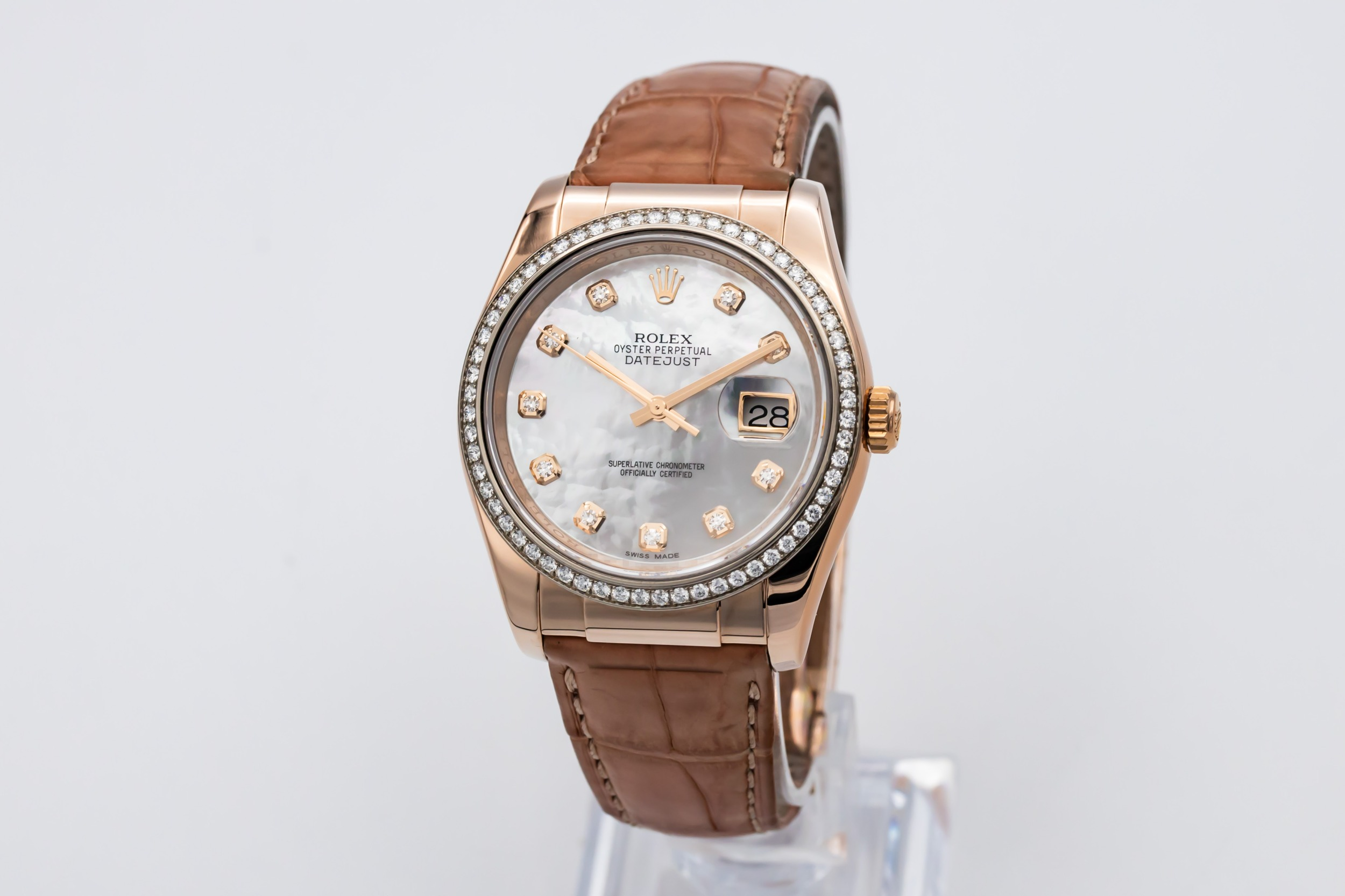 Rolex DateJust 36mm 18ct Rose Gold Brown Leather 116185 2016