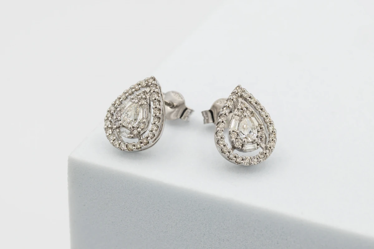 9ct White Gold Pear, Emerald & Round Diamond Stud Earrings 0.85ct