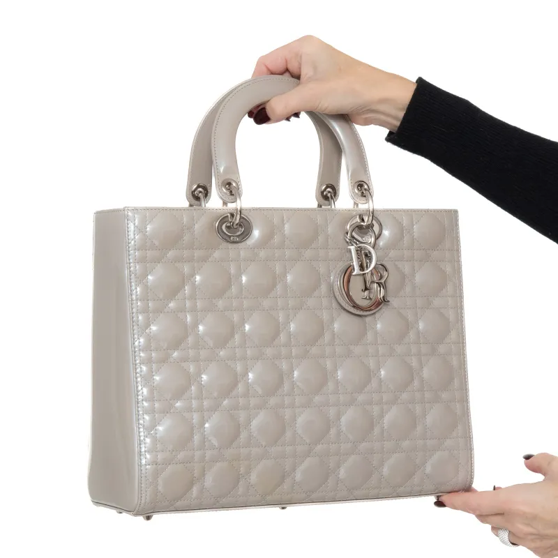 Dior Large Lady Dior Grey Patent Leather Bag