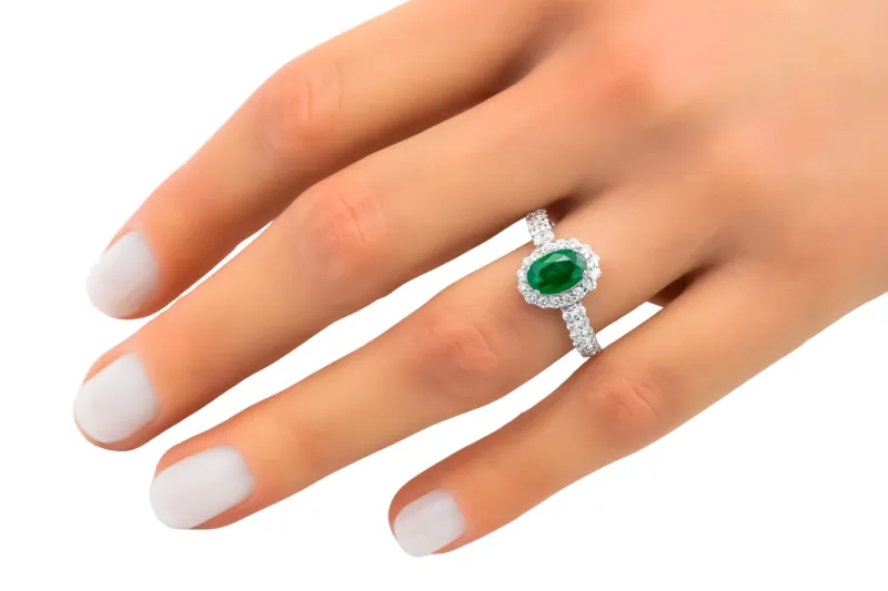 18ct White Gold Oval Emerald & Diamond Halo Engagement Ring 0.34ct