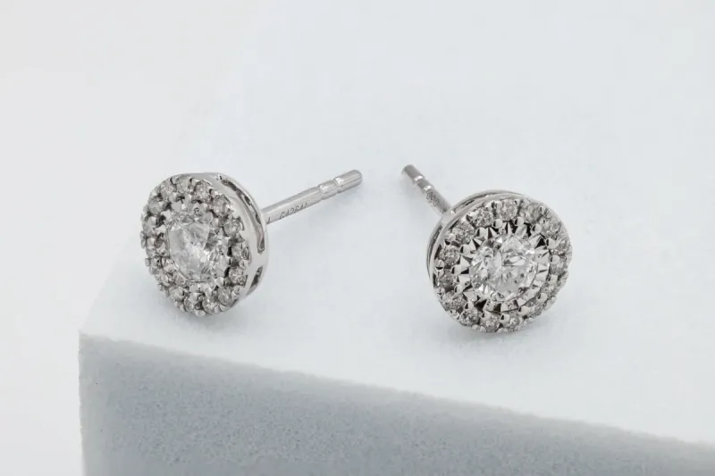 9ct White Gold Diamond Halo Stud Earrings 0.88ct