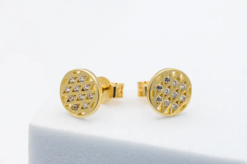 9ct Yellow Gold Cubic Zirconia Flat Mesh Round Stud Earrings 7.83mm 1.3g