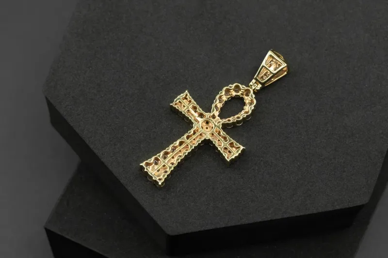 14ct Yellow Gold Diamond Ankh Cross Pendant Pavé Set 3.75ct