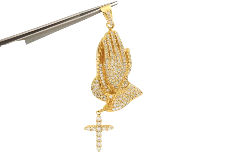14ct Yellow Gold Diamond Pray Hands & Cross Pendant 3.16cts