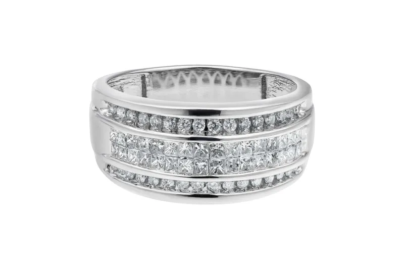 14ct White Gold Multi Row Diamond Mens Band Ring 1.46ct