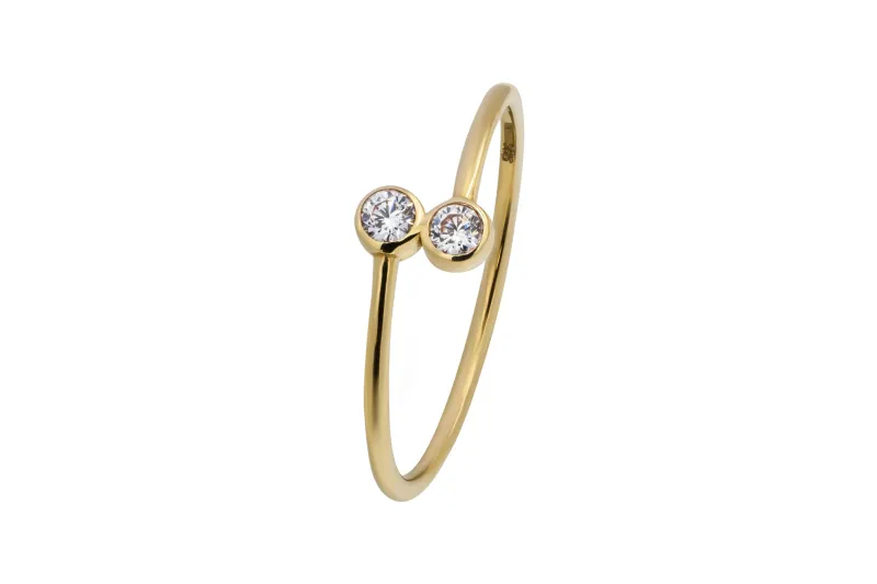 14ct Yellow Gold White Cubic Zirconia Two Stone Ring Size P