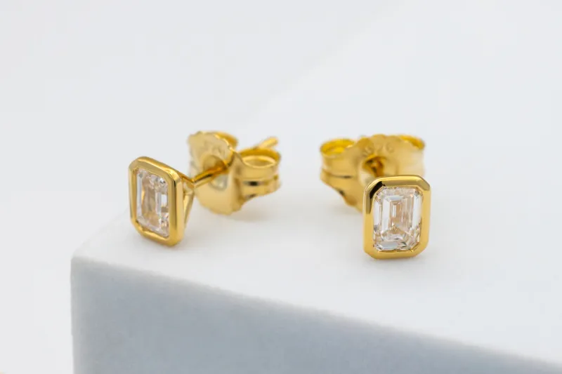 Gold Plated Sterling Silver Lab Grown Emerald Cut Diamond Stud Earrings 1.06ct