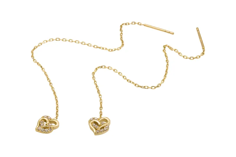 9ct Yellow Gold Pull Through Cubic Zirconia Heart Earrings 1.33g
