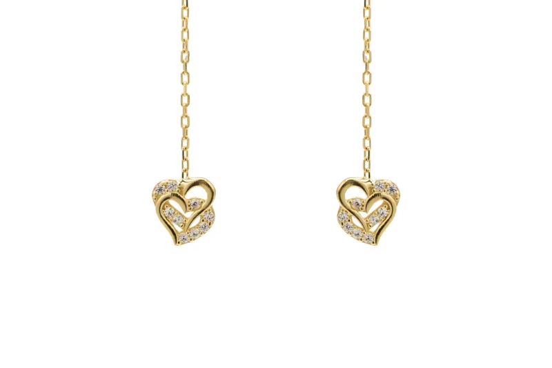 9ct Yellow Gold Pull Through Cubic Zirconia Heart Earrings 1.33g