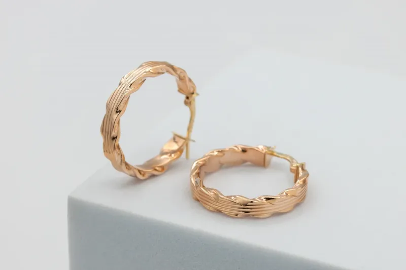 9ct Rose Gold Textured Hoop Earrings 1.7g