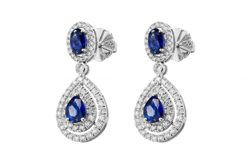 18ct White Gold Diamond & Sapphire Drop Earrings 1.19ct