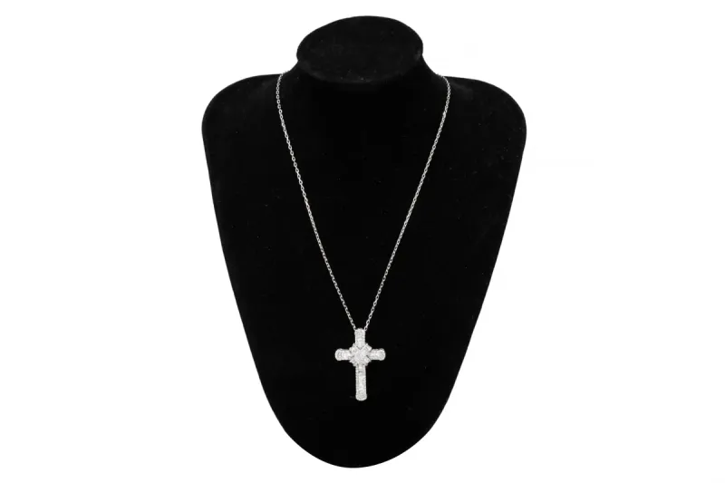 18ct White Gold Baguette & Round Diamond Cross Necklace 1.49ct