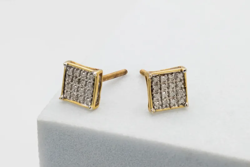 9ct Yellow Gold Square Diamond Cluster Stud Earrings 0.10ct