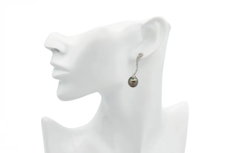 18ct White Gold Tahitian Pearl & Diamond Drop Earrings 0.68ct
