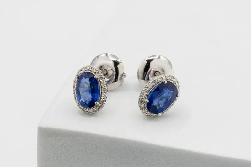 18ct White Gold Sapphire & Diamond Halo Stud Earrings 1.53ct