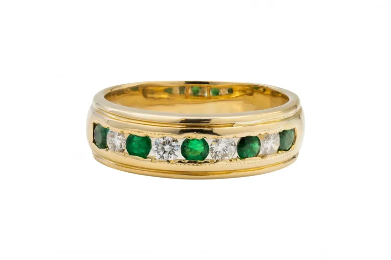 9ct Yellow Gold Channel Set Diamond And Emerald Ring 0.40ct