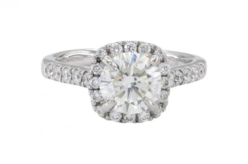 Platinum Round Diamond Halo Ring With Pavé Shoulders 1.50ct