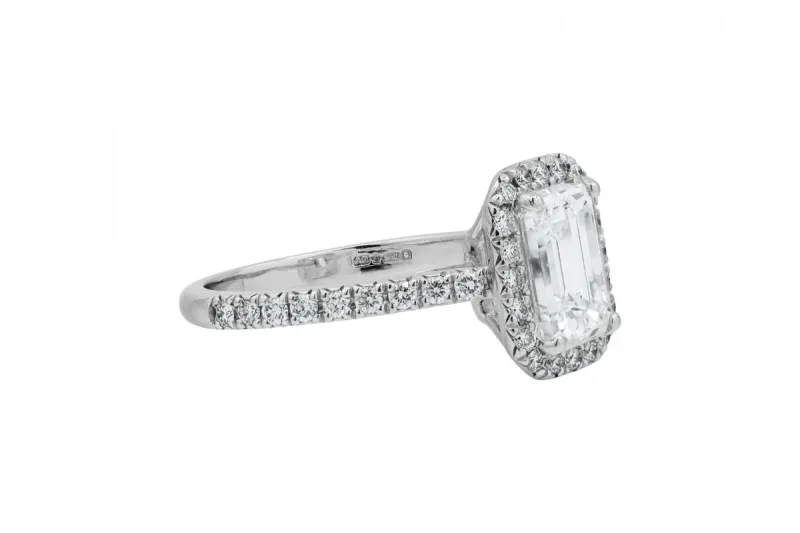 18ct White Gold Emerald Diamond Halo Engagement Ring 1.70ct GIA Certified