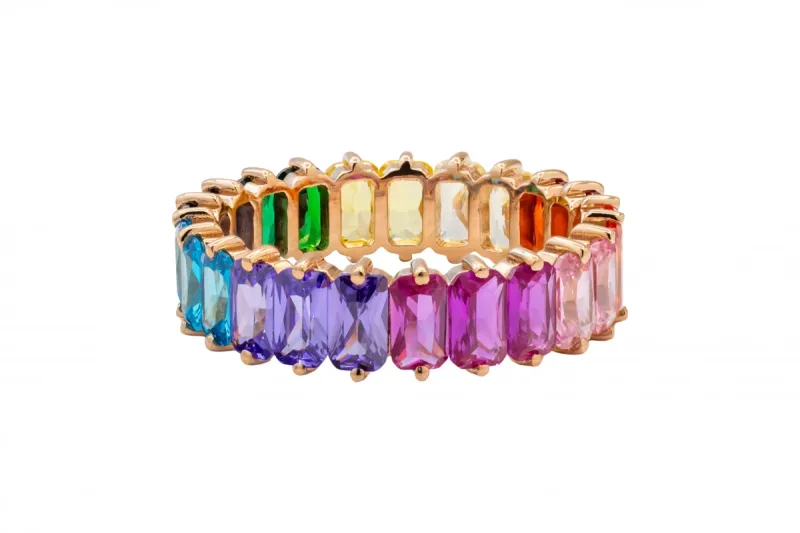 18ct Rose Gold Emerald Cut Rainbow Sapphire Full Eternity Ring