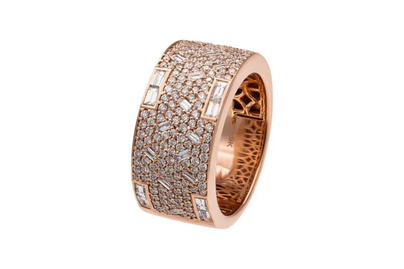 9ct Rose Gold Natural Diamond Baguette & Brilliant Cut Ring 1.58ct F VS Size O 10.6g