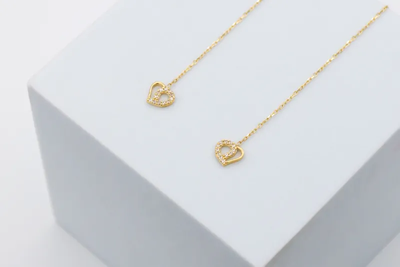 9ct Yellow Gold Pull Through Cubic Zirconia Heart Earrings 1.20g