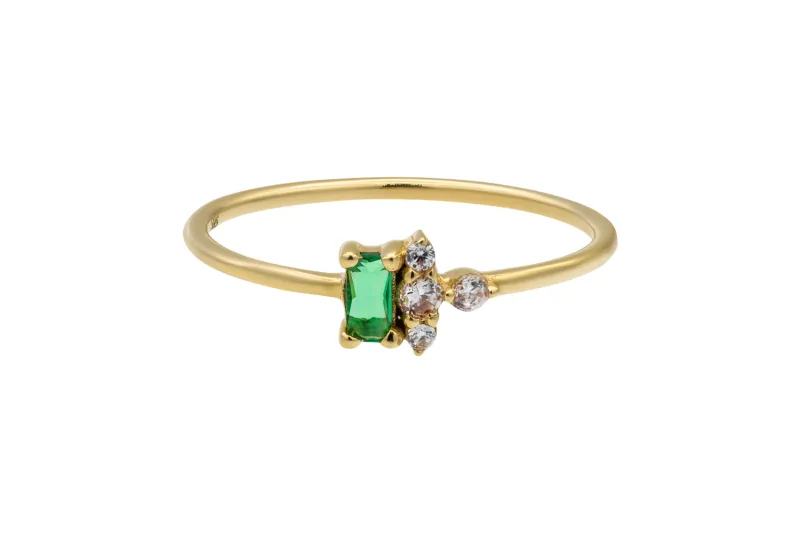 14ct Yellow Gold Green Emerald Cut & White Cubic Zirconia Ring Size O 1.2g
