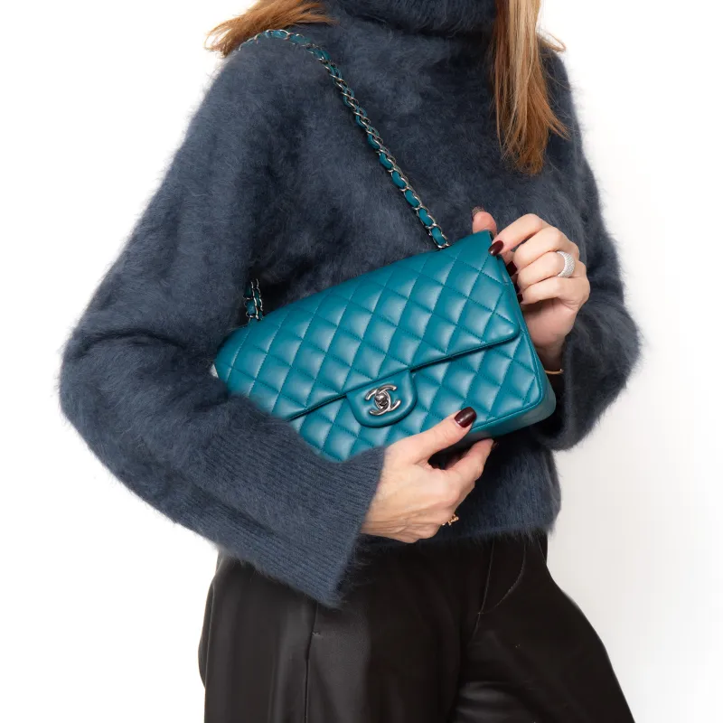 Chanel Classic Quilted Medium Double Flap Teal Lambskin Leather Bag