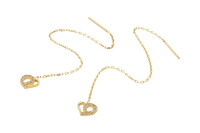 9ct Yellow Gold Pull Through Cubic Zirconia Heart Earrings 1.20g