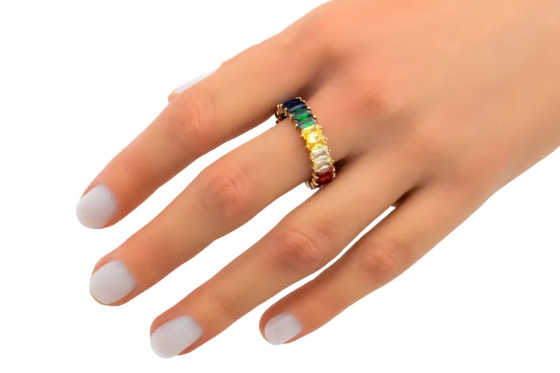 18ct Rose Gold Emerald Cut Rainbow Sapphire Full Eternity Ring
