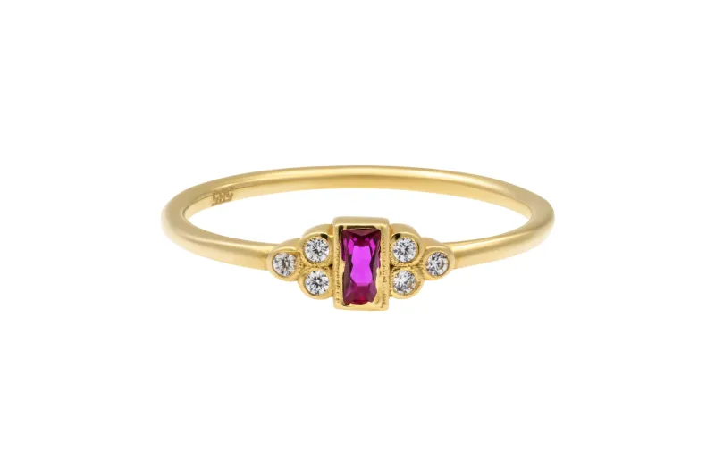 14ct Yellow Gold Pink Emerald Cut & White Cubic Zirconia Cluster Ring Size P 1.5g