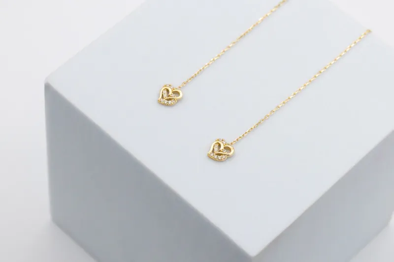 9ct Yellow Gold Pull Through Cubic Zirconia Heart Earrings 1.33g