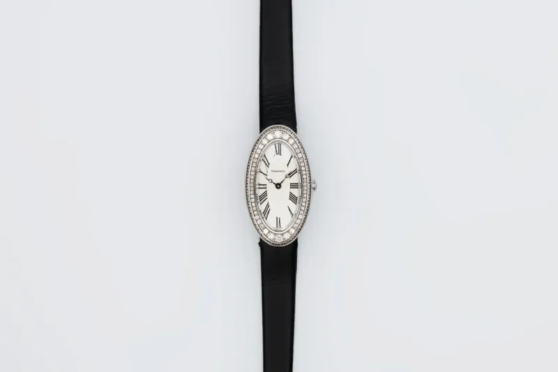 Tiffany & Co Cocktail Watch 22x35mm 18ct White Gold Black Leather Circa 1990s