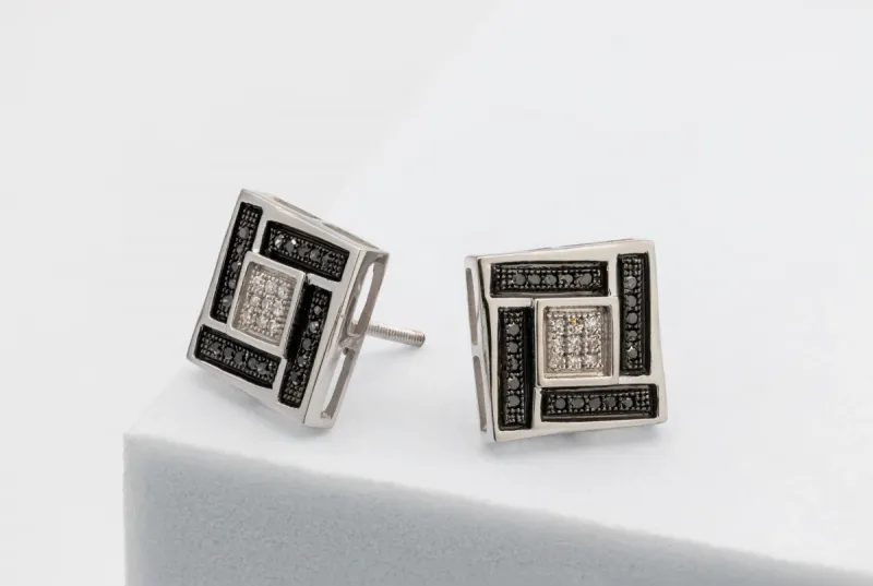9ct White Gold Square White & Black Diamond Stud Earrings 0.15ct 3.0g