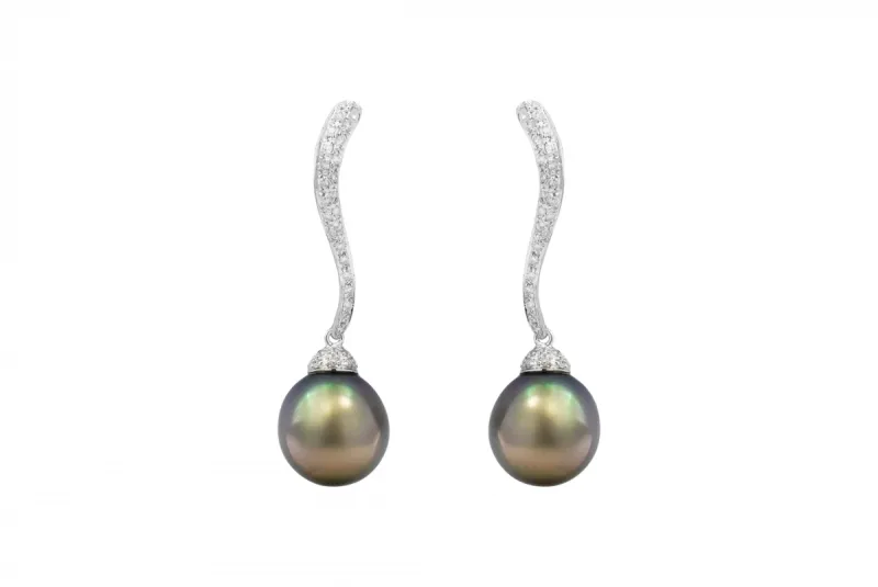 18ct White Gold Tahitian Pearl & Diamond Drop Earrings 0.68ct