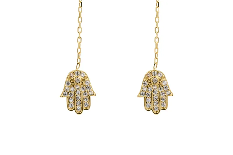 14ct Yellow Gold Pull Through Cubic Zirconia Hamsa Earring 2g