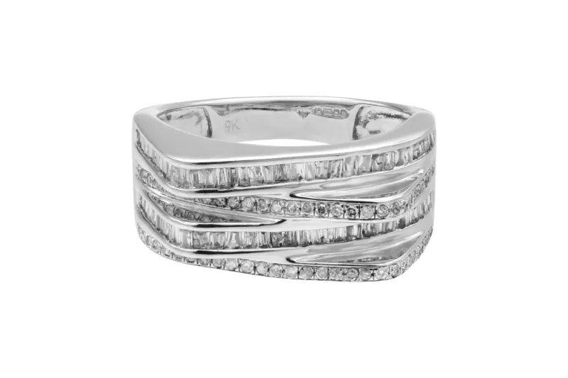 9ct White Gold 4 Row Diamond Baguettes & Rounds Ring 5.9g 0.88ct