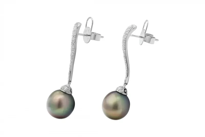 18ct White Gold Tahitian Pearl & Diamond Drop Earrings 0.68ct