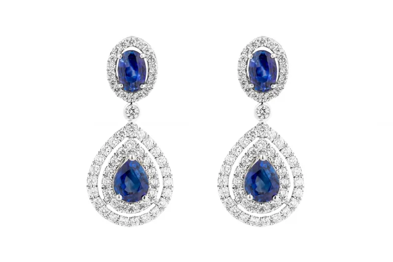 18ct White Gold Diamond & Sapphire Drop Earrings 1.19ct