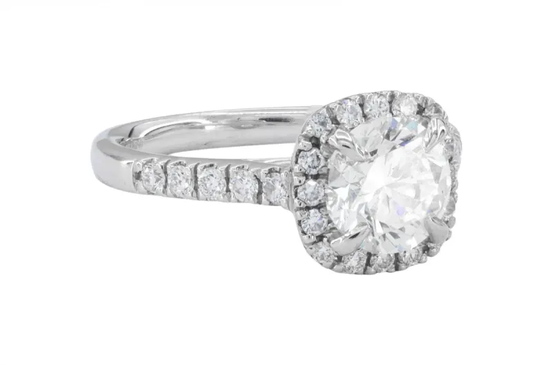 Platinum Round Diamond Halo Ring With Pavé Shoulders 1.50ct