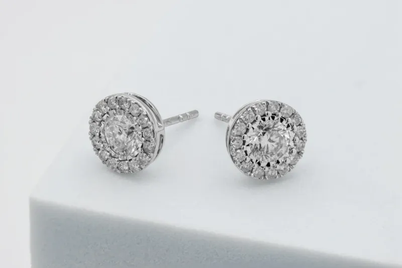 9ct White Gold Diamond Halo Stud Earrings 1.48ct