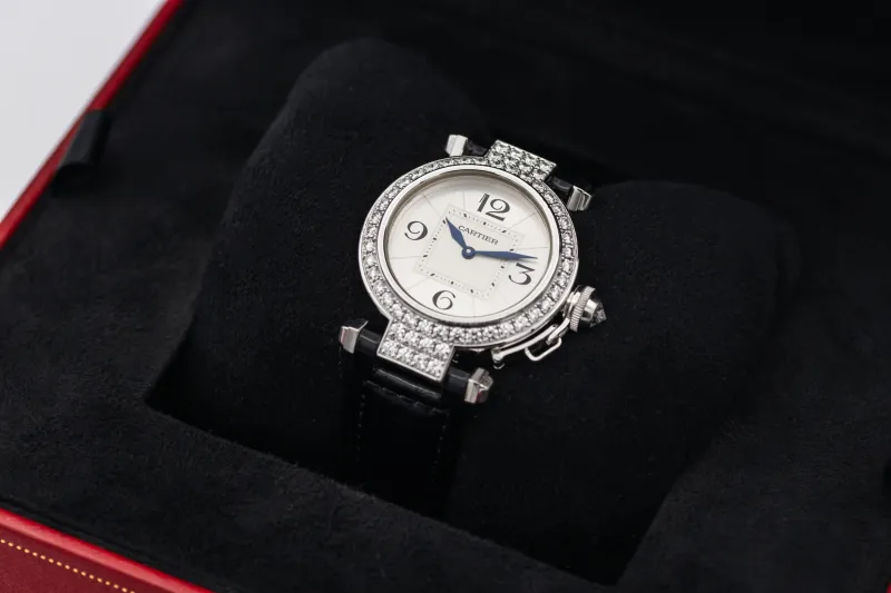 Cartier Pasha 32mm 18ct White Gold Black Leather WJ11924G/2813 Circa 2015