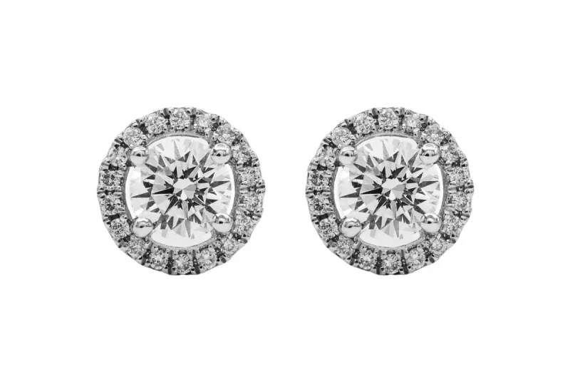 18ct White Gold Round Brilliant Diamond Halo Earrings 0.85ct